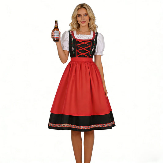 Damen-Dirndlkleid mit besticktem Mieder, Puffärmeln und Schürze in der Gesamtansicht