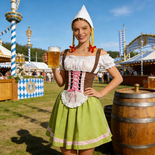 Damen-Dirndl mit Schnürung, Schürze und passendem Kopftuch