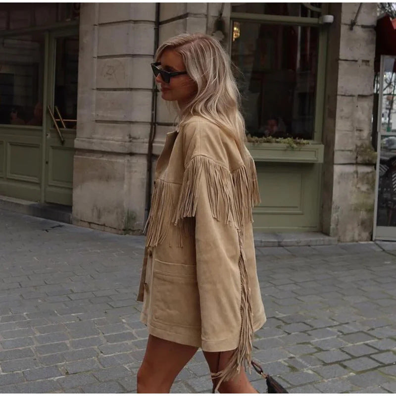 Damen-Wildlederjacke mit Fransen und markantem Western-Look