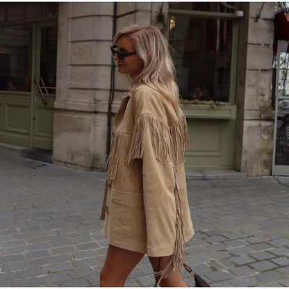 Damen-Wildlederjacke mit Fransen und markantem Western-Look