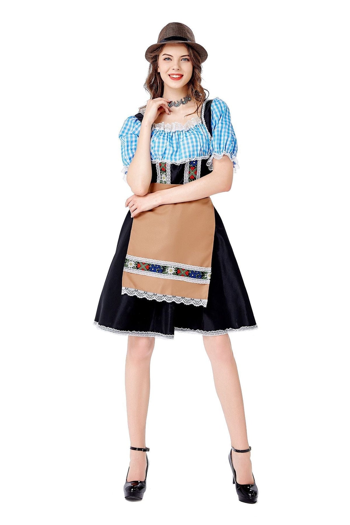 Seitliche Ansicht des Damen-Dirndls mit Schürze und Mieder