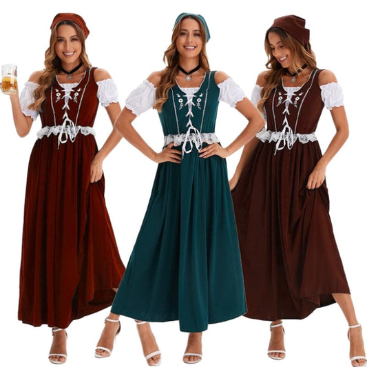 Langes Damen-Trachtenkleid im Dirndl-Stil mit dekorativer Schnürcorsage