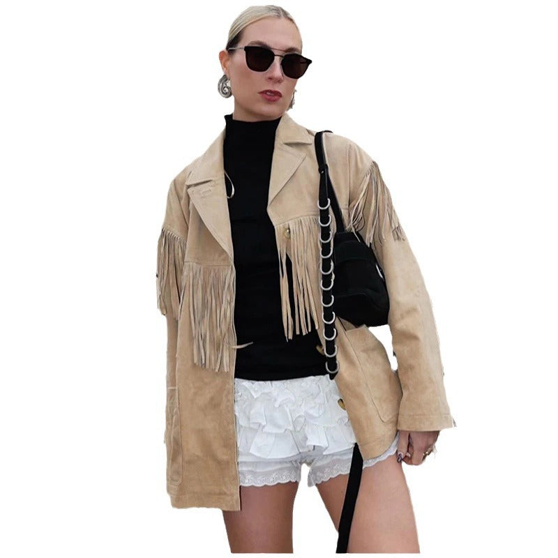 Rückansicht der Damen-Fransenjacke aus weichem Wildleder