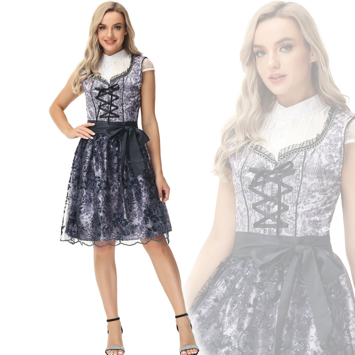 Damen-Dirndlkleid mit geschnürtem Mieder und Spitzenüberrock