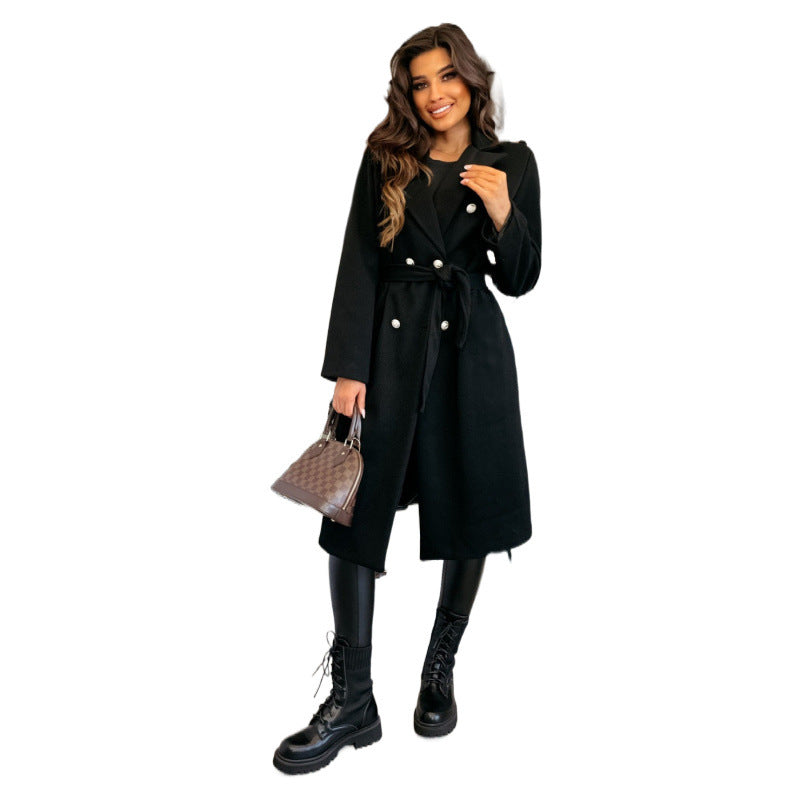Women's coat with double-breasted button placket and belt