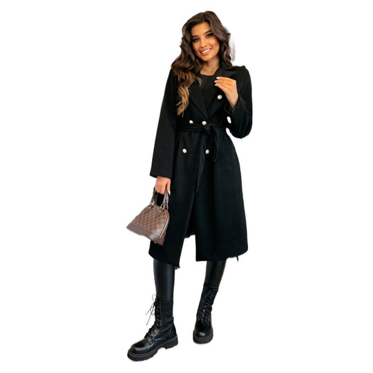Women's coat with double-breasted button placket and belt