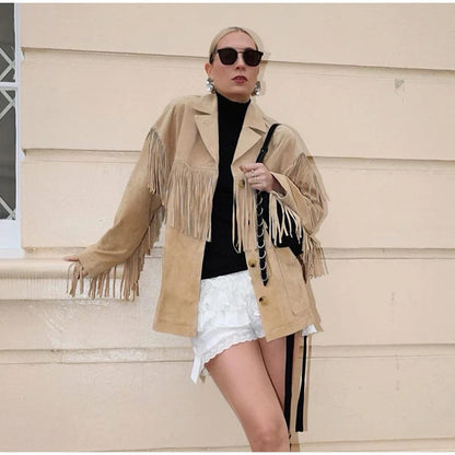 Damen Wildleder-Fransenjacke mit langen Fransen an den Ärmeln