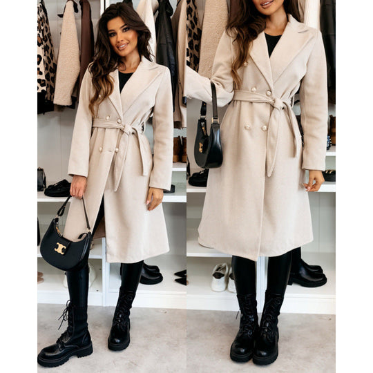 Women's coat with double-breasted button placket and belt