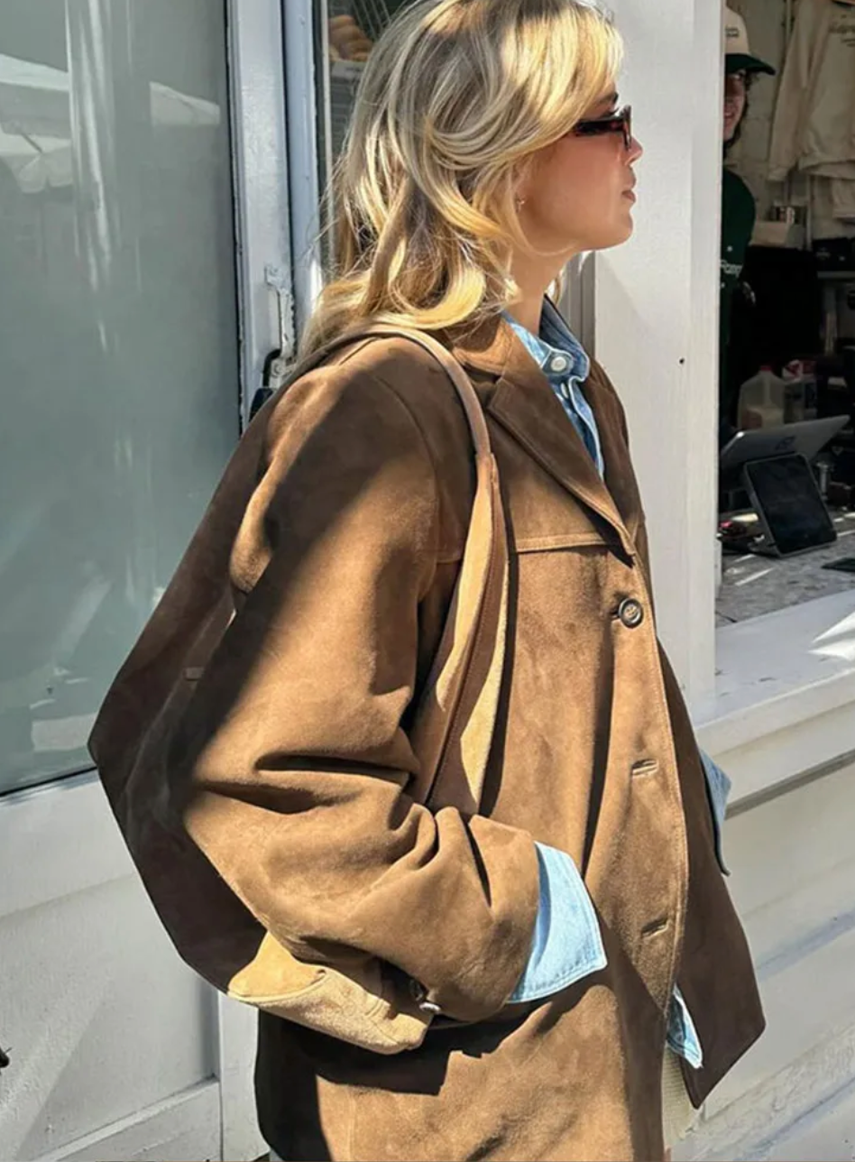 Women's Oversized Jacket with Single-Breasted Design in Suede Look 