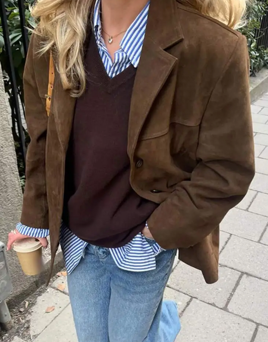 Women's Oversized Jacket with Single-Breasted Design in Suede Look 