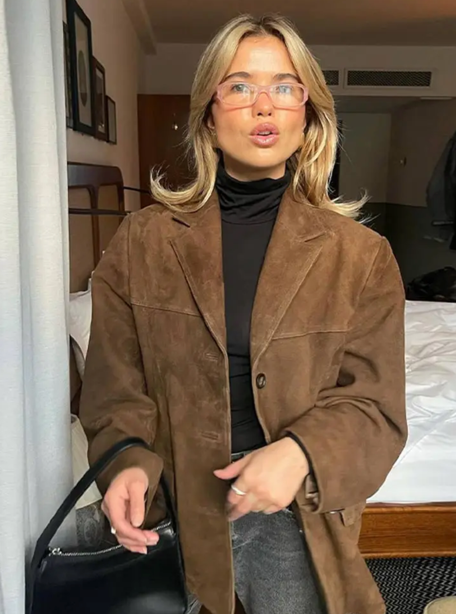 Women's Oversized Jacket with Single-Breasted Design in Suede Look 