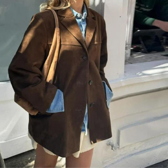 Women's Oversized Jacket with Single-Breasted Design in Suede Look 