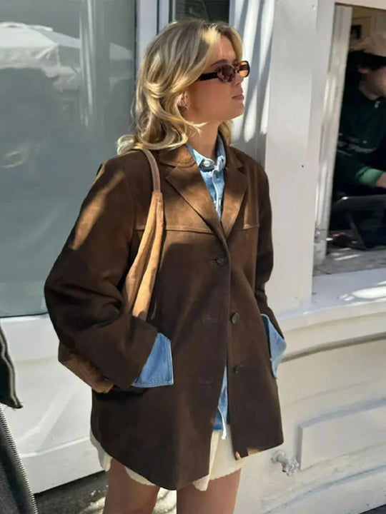 Women's Oversized Jacket with Single-Breasted Design in Suede Look 
