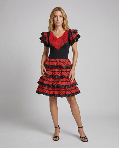 Damen-Flamenco-Tanzkleid mit Fransen und Volantrock in der Gesamtansicht