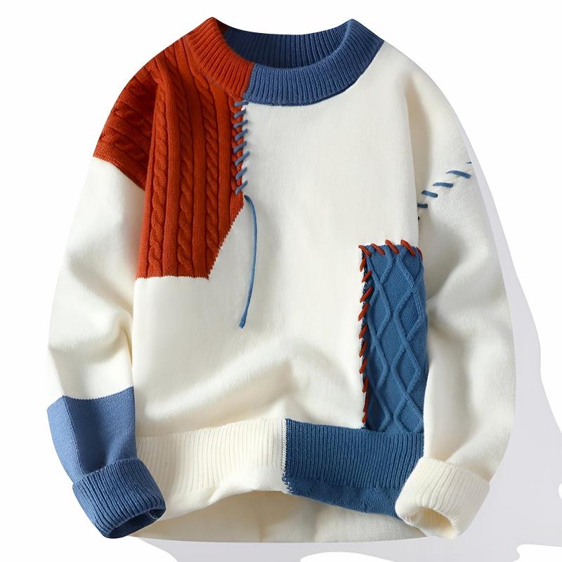 Men's Knit Sweater with Patchwork Design 
