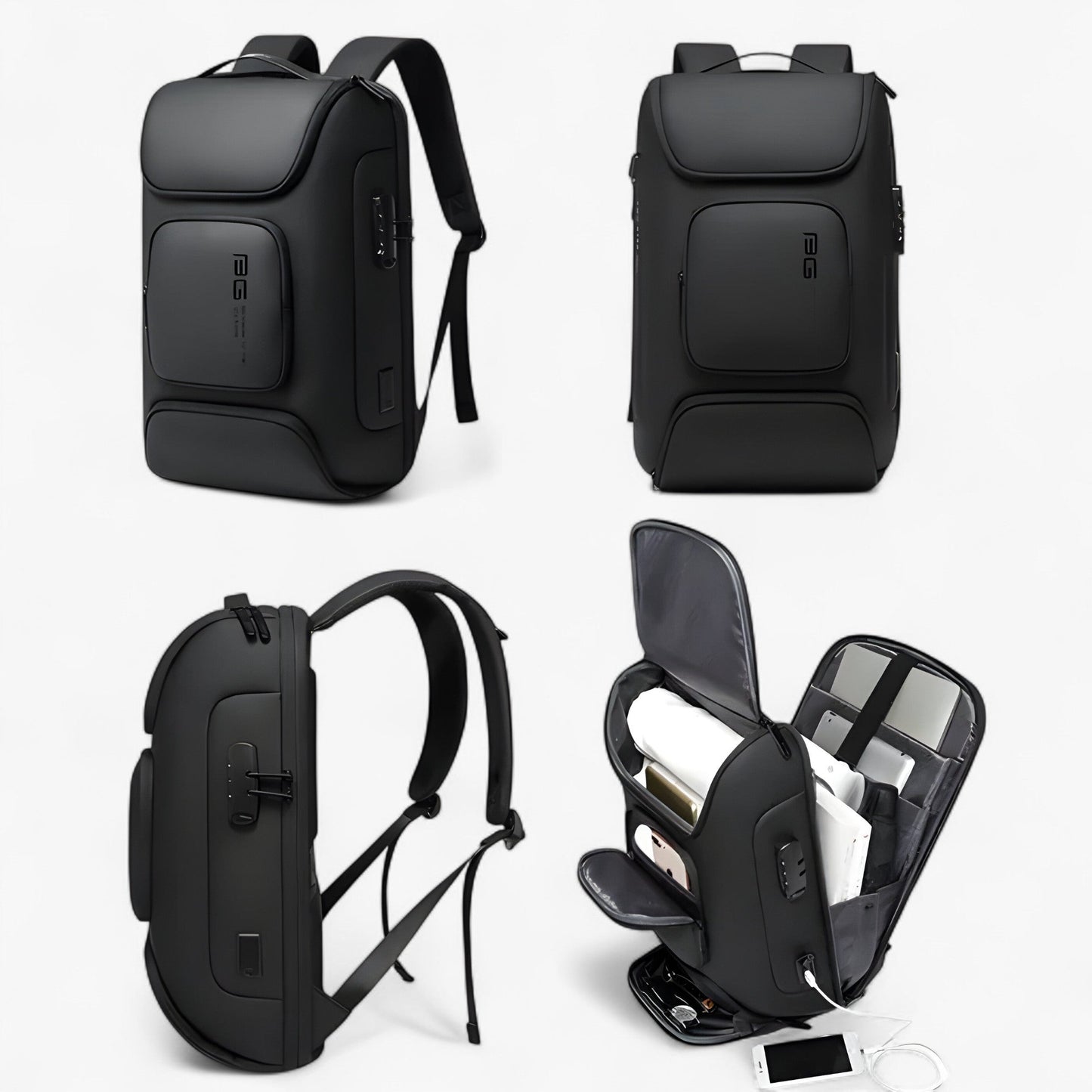 Laptoprucksack mit verdeckten Reißverschlüssen und USB-Durchführung