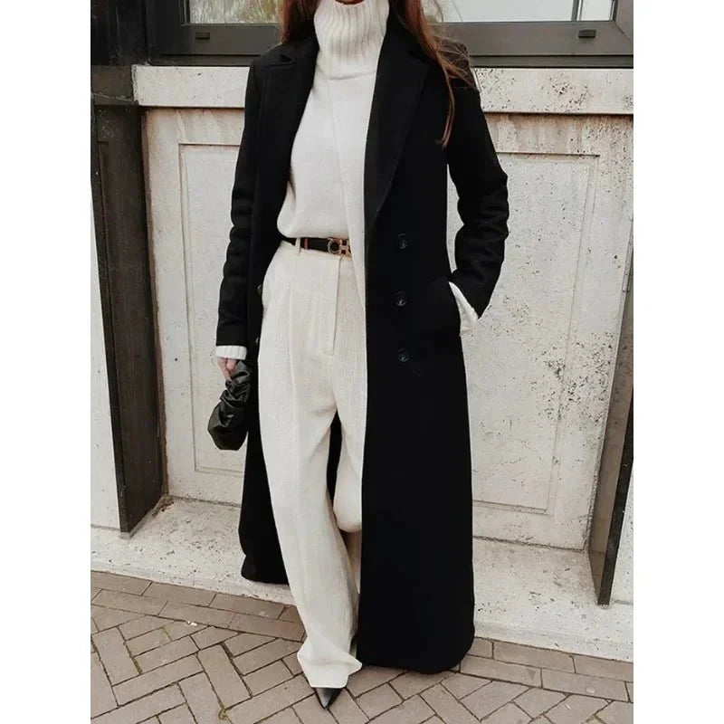 Women's Long Coat with Double-Breasted Design