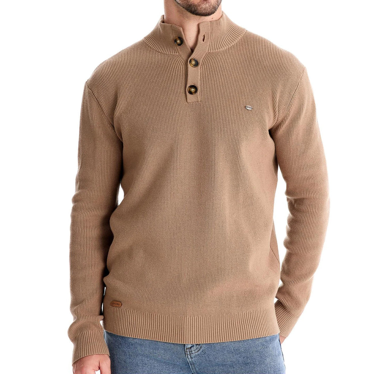 Herrenpullover mit Knopfleiste und gerippten Abschlüssen in der Gesamtansicht