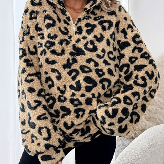 Damenpullover mit Leopardenmuster und Halbzipverschluss