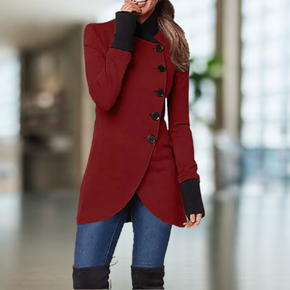 Women's coat with asymmetrical button placket and stand-up collar