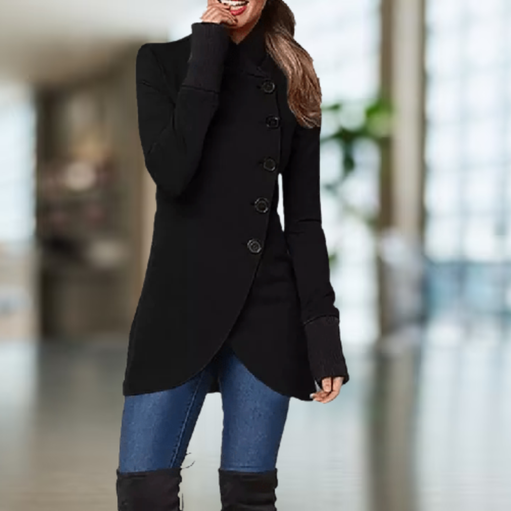 Women's coat with asymmetrical button placket and stand-up collar