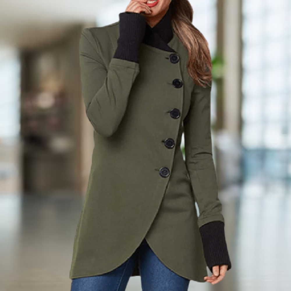 Women's coat with asymmetrical button placket and stand-up collar
