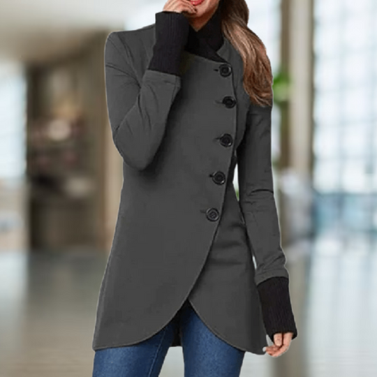 Women's coat with asymmetrical button placket and stand-up collar