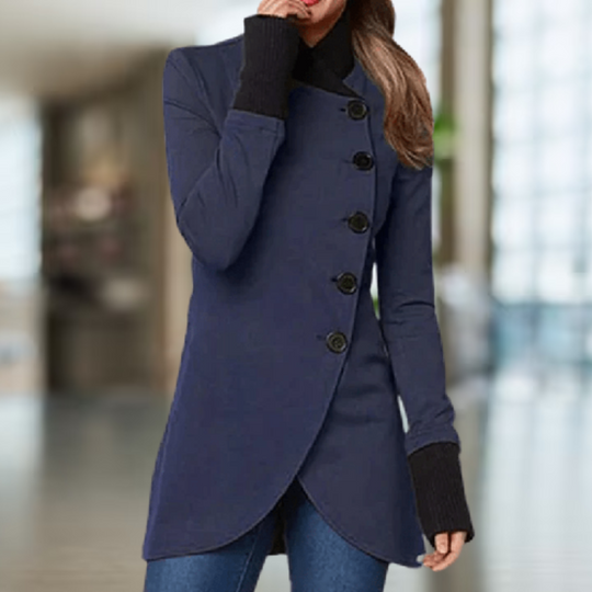 Women's coat with asymmetrical button placket and stand-up collar