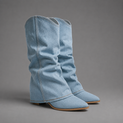 Damen Kniehohe Jeansstiefel Mit Blockabsatz