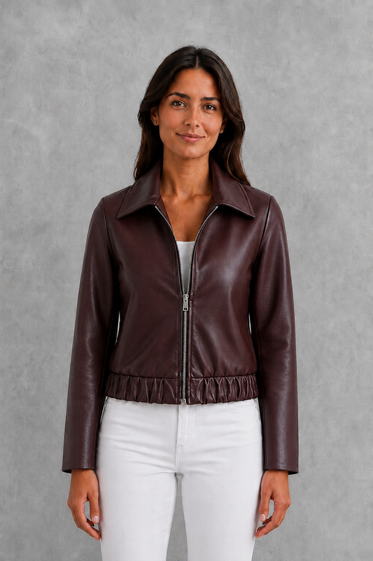 Damen-Bikerjacke aus veganem Leder in einer vollständigen Produktansicht