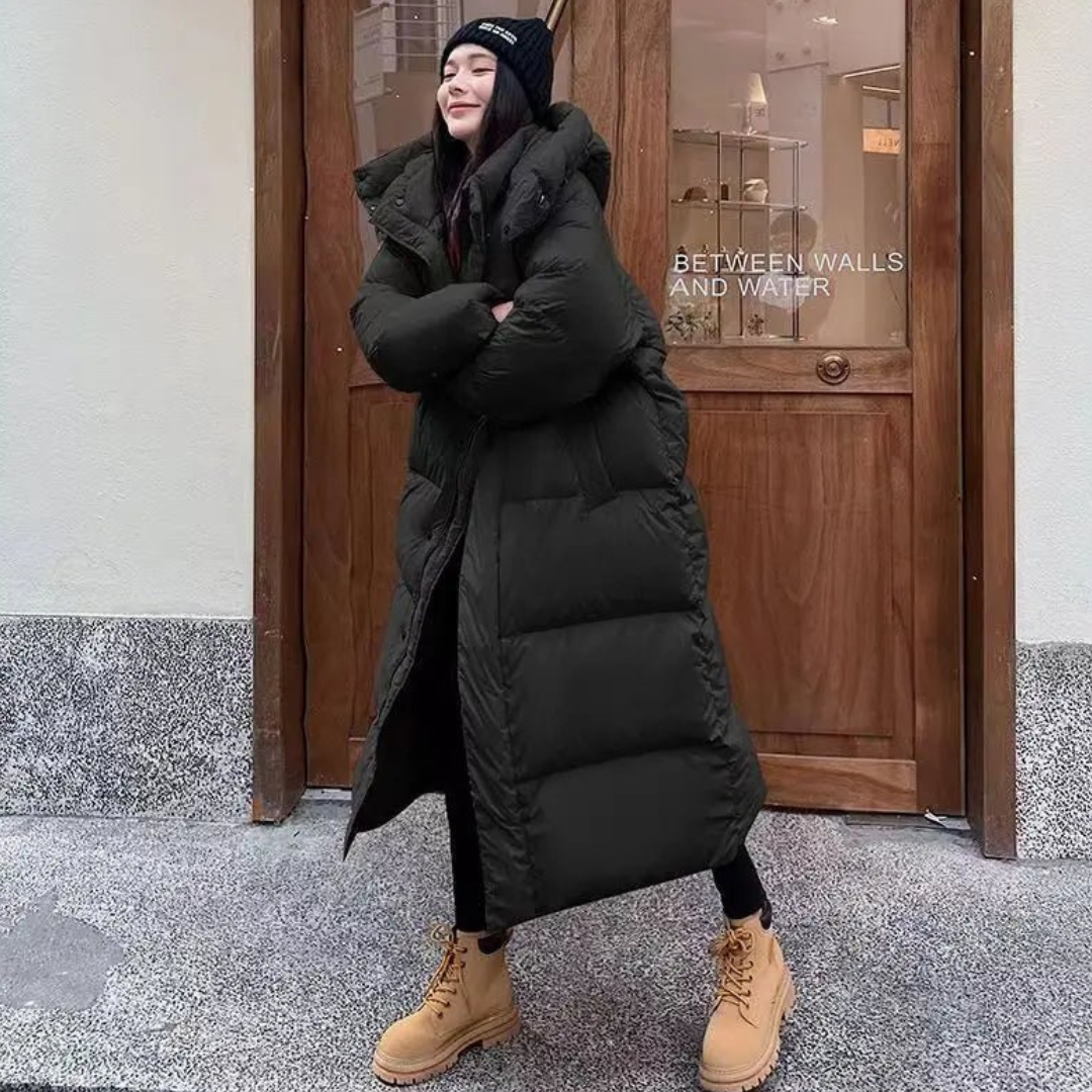 Women's Long Quilted Jacket with Hood and Modern Cut