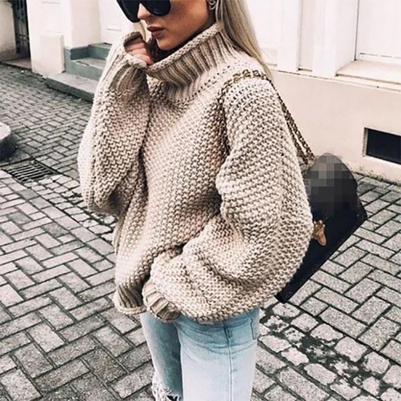 Women's Chunky Knit Roll Neck Sweater with a Relaxed Fit 
