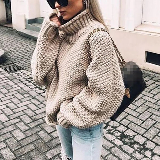 Women's Chunky Knit Roll Neck Sweater with a Relaxed Fit 