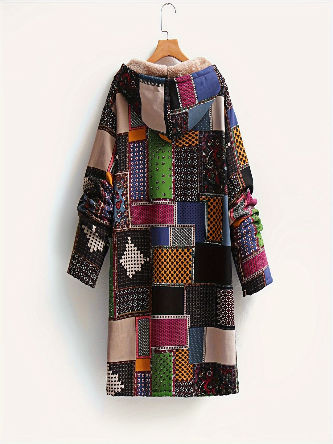 Hooded sweatshirt with geometric patchwork pattern for women