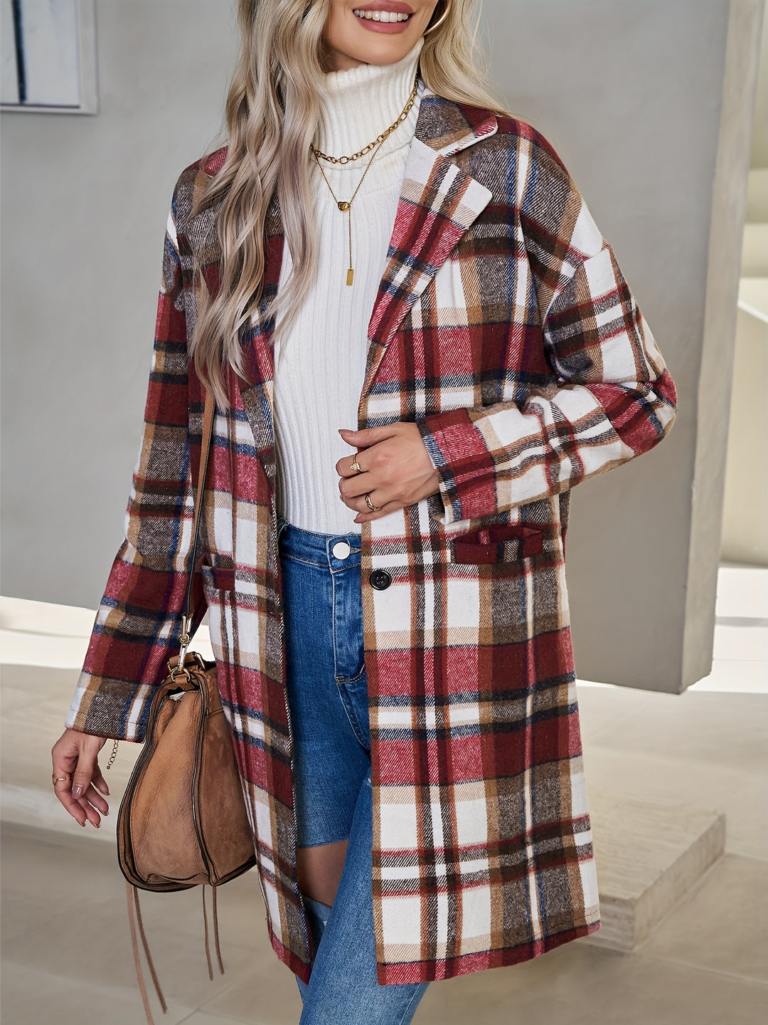 Checked long coat with button placket for women