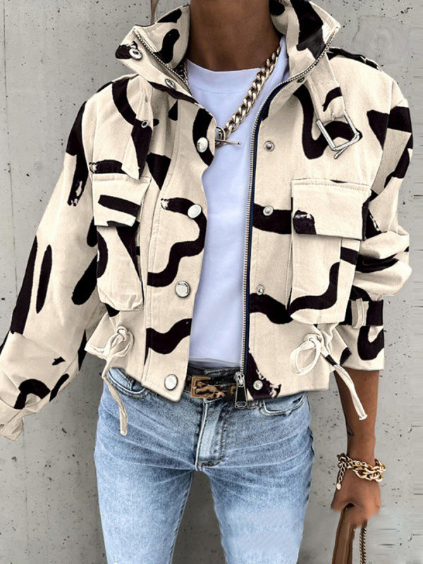 Women's Jacket with Stand-Up Collar and Print Design 