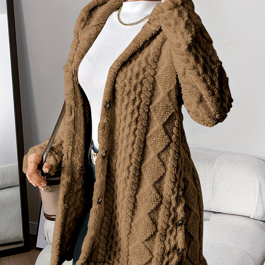 Jacquard knitted coat with hood and button placket for women