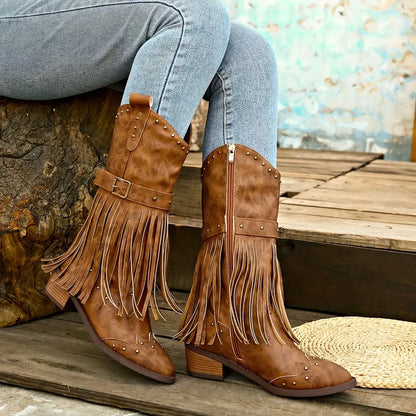 Damenstiefel mit dekorativen Quasten und stabilem Blockabsatz