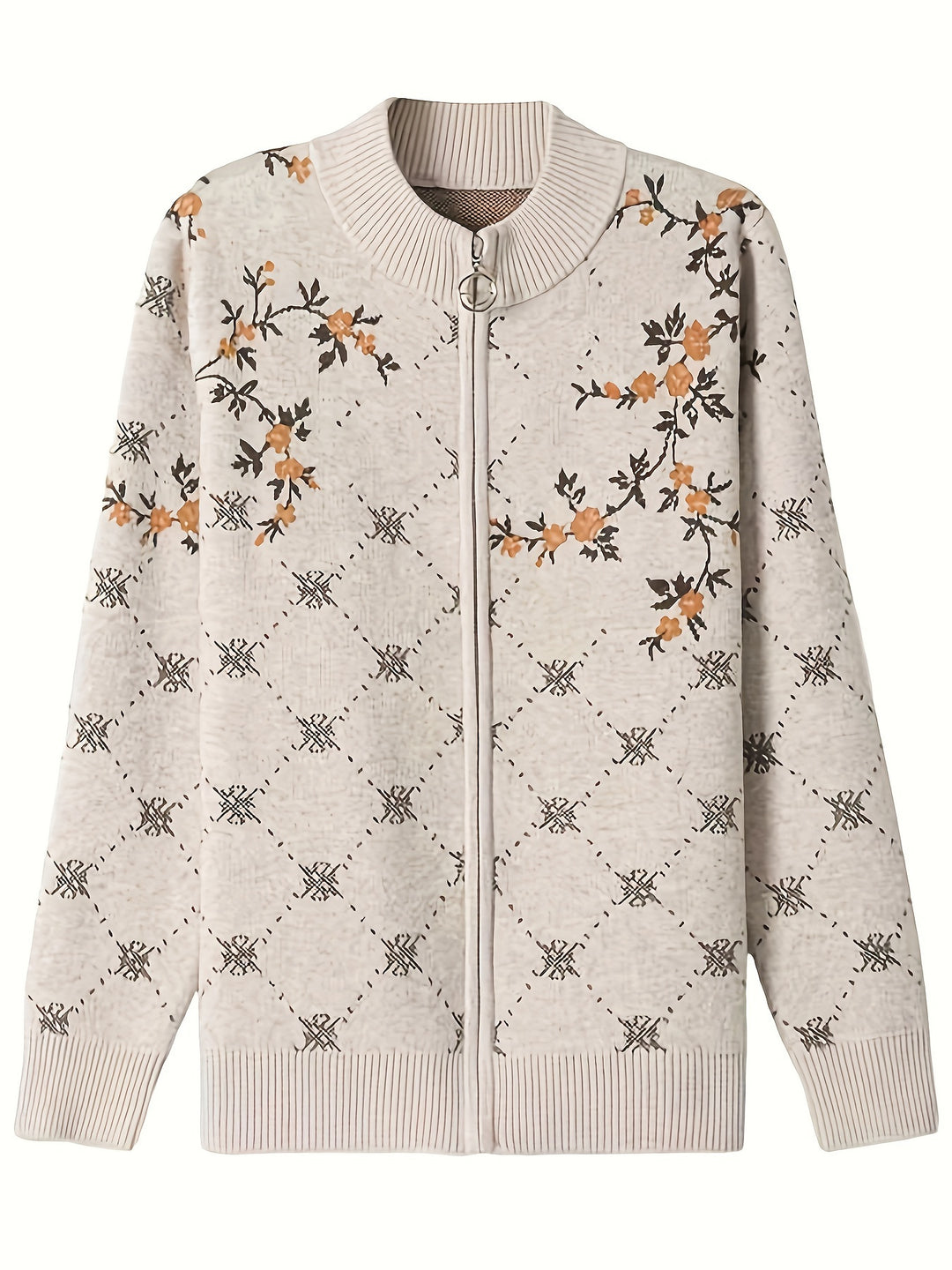 Jacquard cardigan with zipper and stand-up collar for women