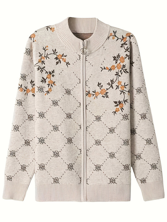 Jacquard cardigan with zipper and stand-up collar for women