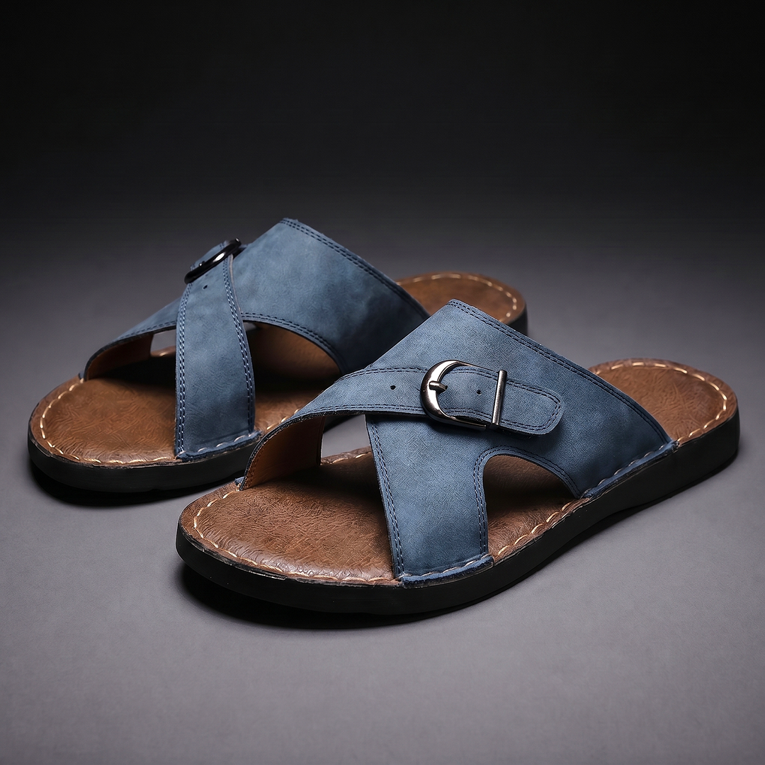 Side view of men's criss-cross sandals with wide crossover straps