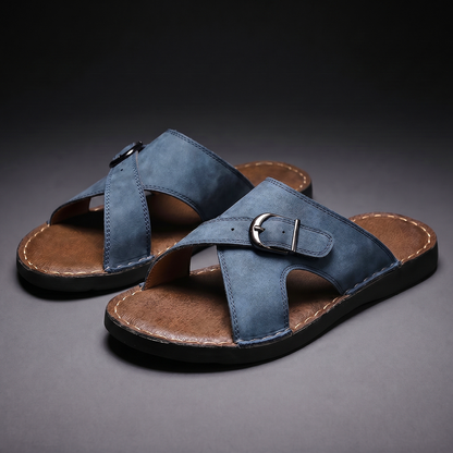 Side view of men's criss-cross sandals with wide crossover straps