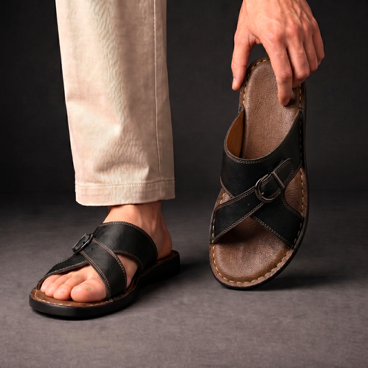 Rear and side profile of men's sandals with crossover strap design