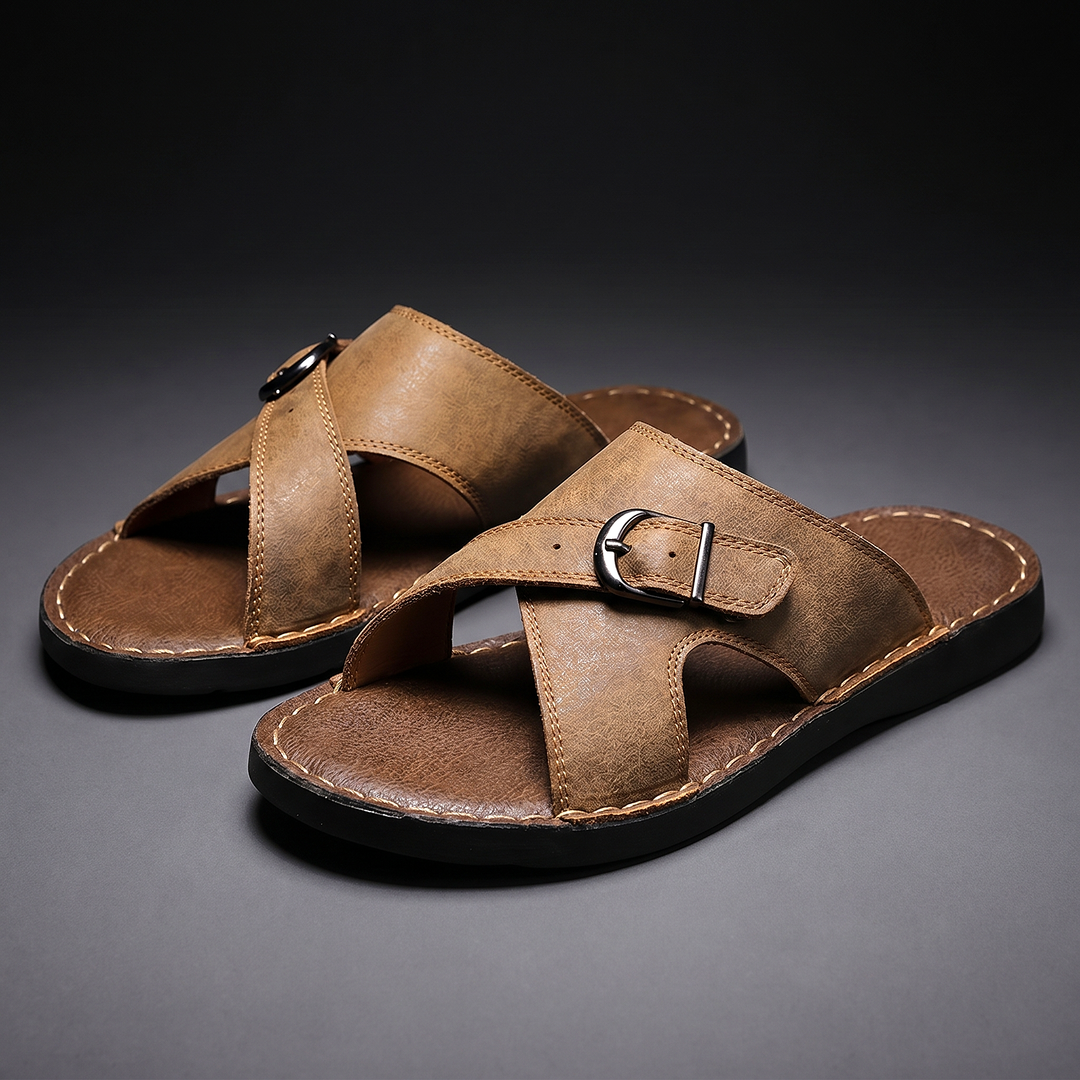 Top view of men's criss-cross sandals with adjustable buckle fastening