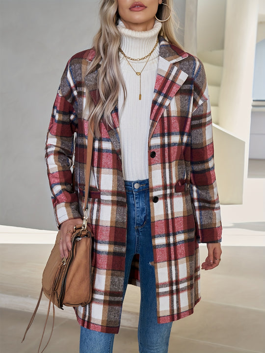 Checked long coat with button placket for women