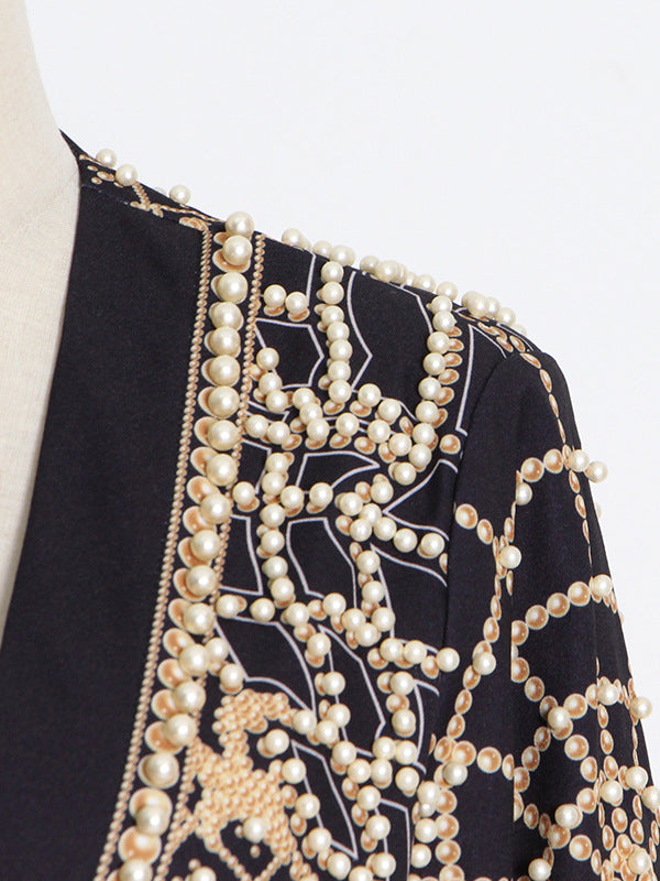 Women's blazer with pearl embellishment and V-neck