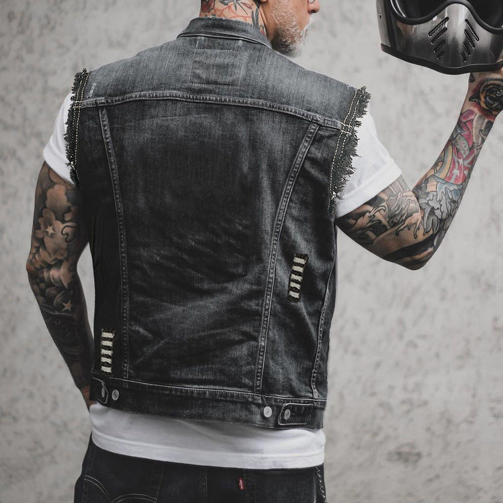 Men's Sleeveless Denim Vest with Turn-Down Collar and Straight Hem 