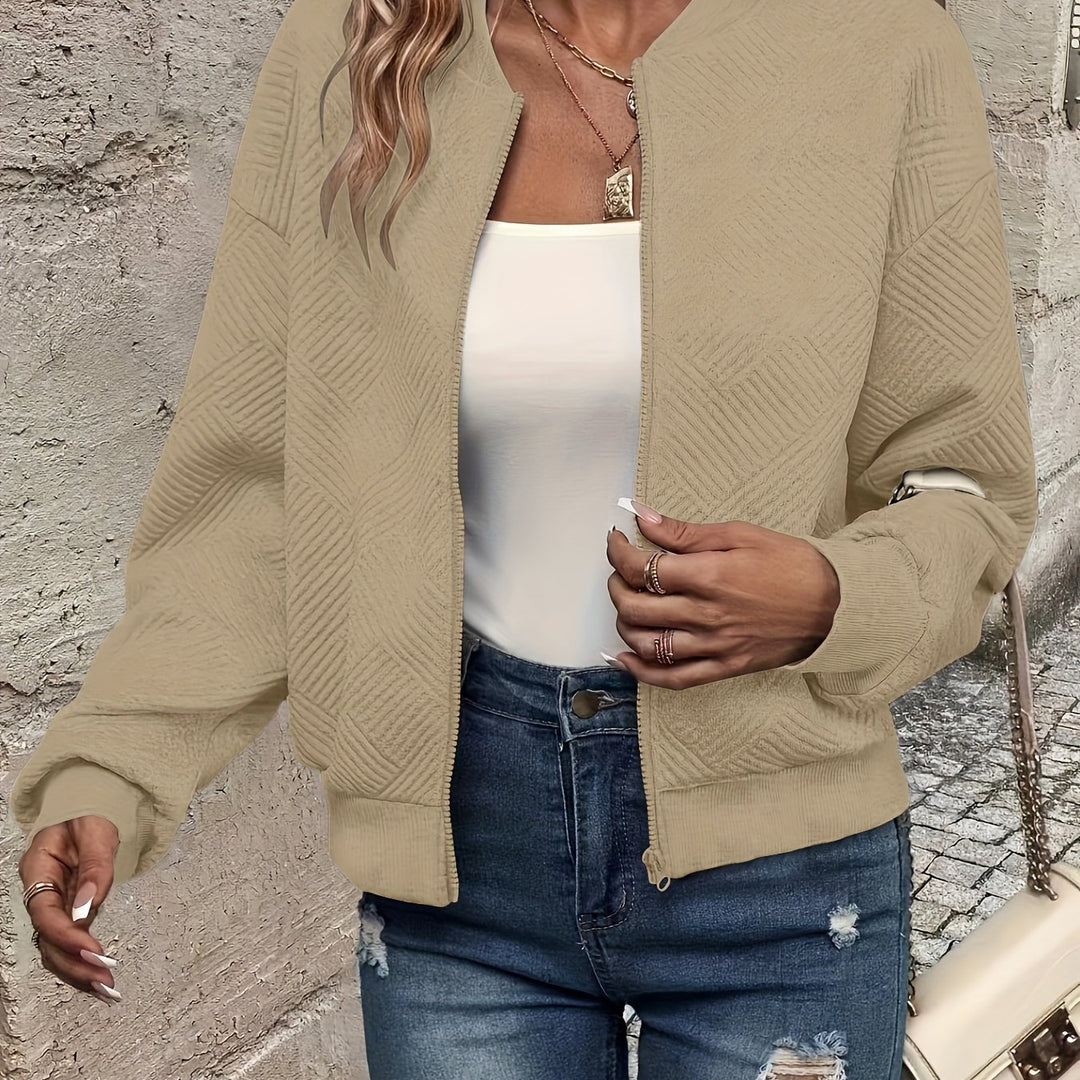 Lightweight transitional jacket with stand-up collar and zipper for women