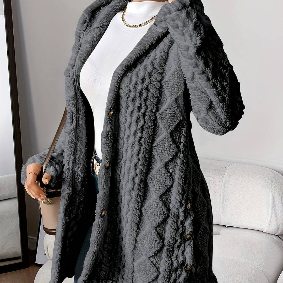 Jacquard knitted coat with hood and button placket for women