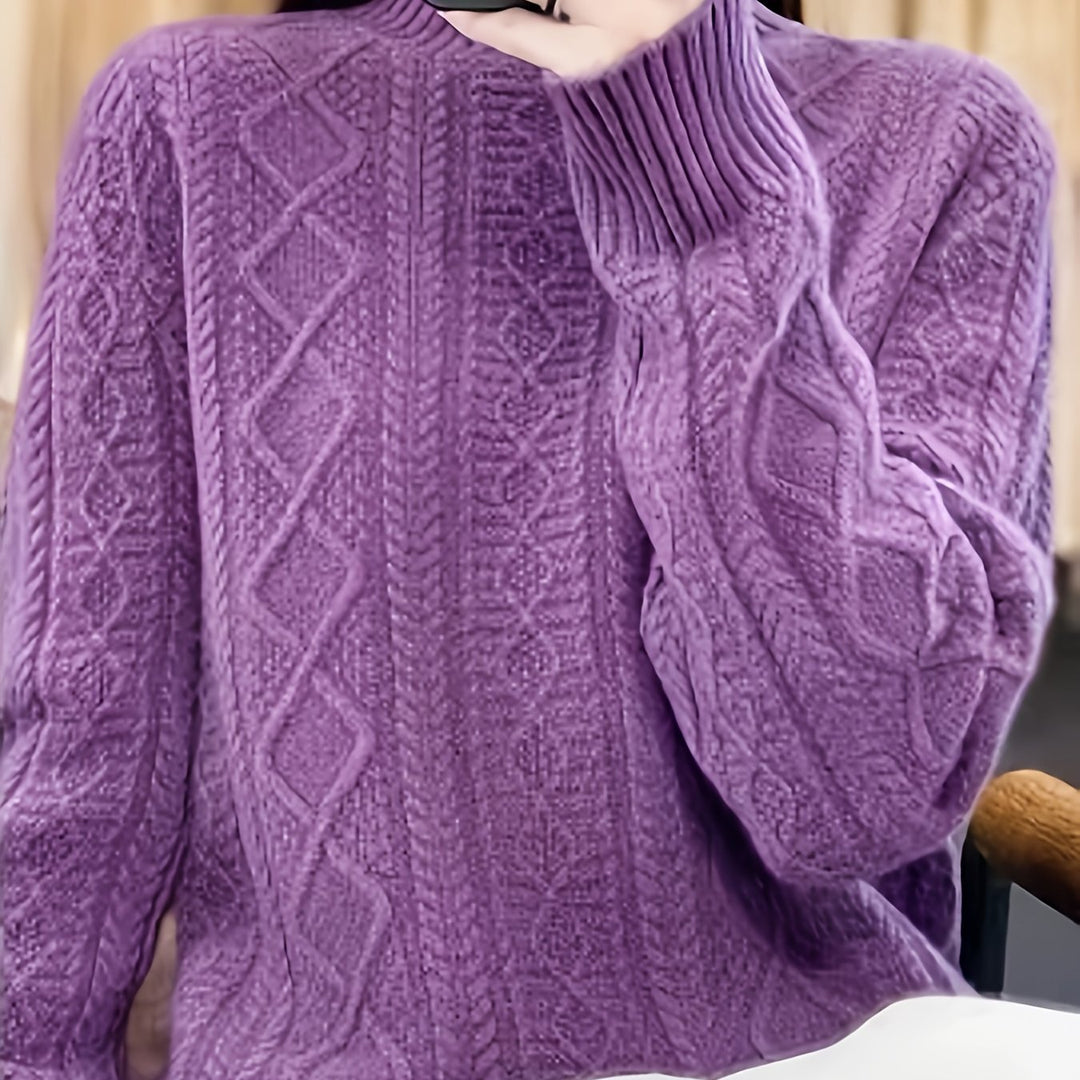Cable knit sweater with stand-up collar for women